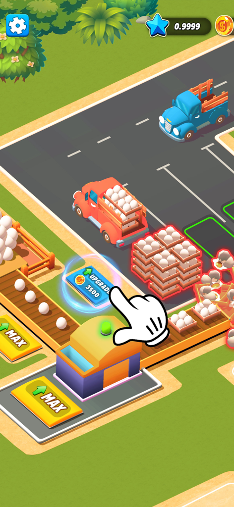 Factory Tycoon Idle Game - Isometric gameplay screenshot showing an egg factory with trucks and a tutorial hand clicking on an upgrade button