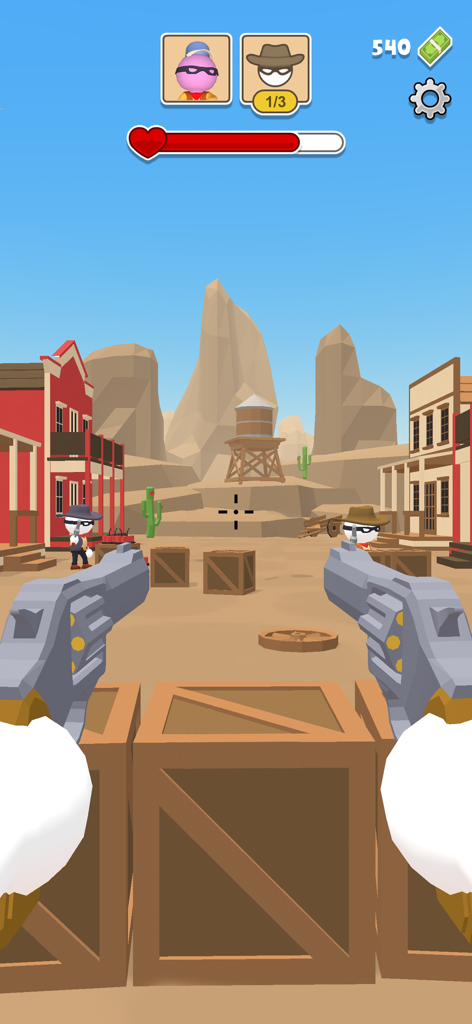 Western Sniper: Wild West FPS - 西部劇の町での銃撃戦で、覆面をした無法者たちと対峙するカウボーイの二人撃ちリボルバーのファーストパーソン視点