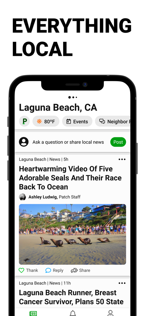 Celular mostrando a interface do aplicativo Patch com manchetes de notícias locais e atualizações da comunidade para Laguna Beach Califórnia