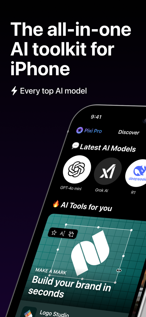 AI 챗봇 Pixi 인터페이스, GPT-4o 및 Grok과 같은 다양한 AI 모델과 로고 생성 도구를 보여줌