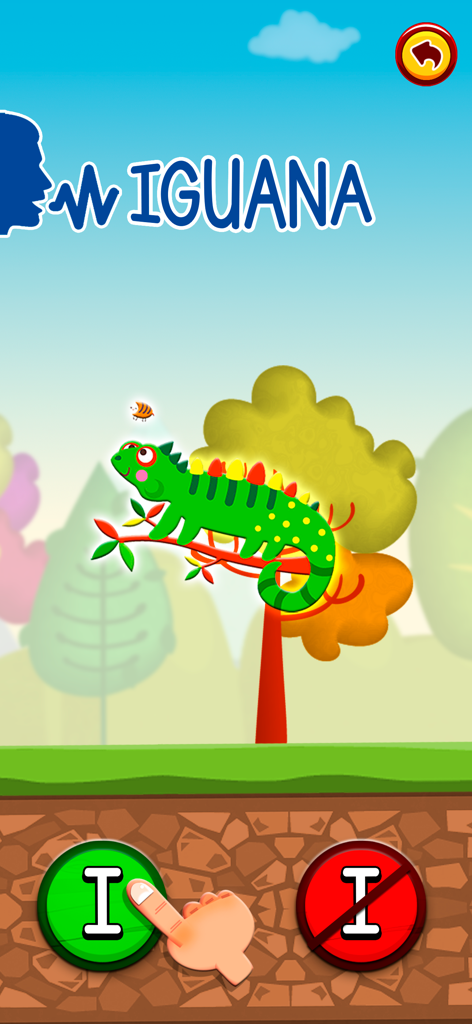 Kids Reading Games: ABC Dinos - Uma criança escolhendo a letra I para a palavra iguana em um jogo de aprendizado pré-escolar.