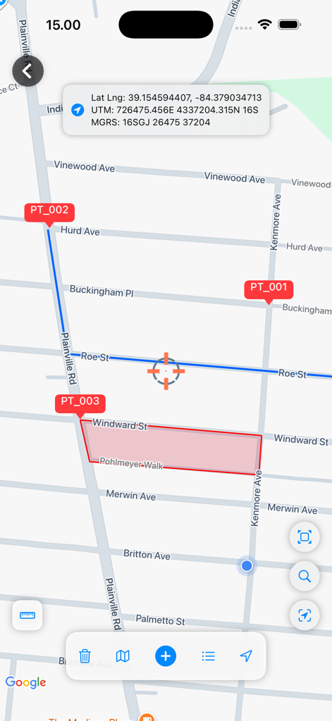 UTM Geo Map Y2Tech - UTM Geo Map interface displaying land surveying markers and area polygon with UTM and MGRS coordinates