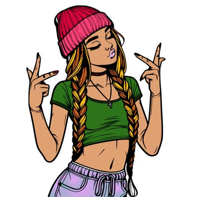 realistic teenage girl with braids and a beanie and crop top doing 🫶🏼
