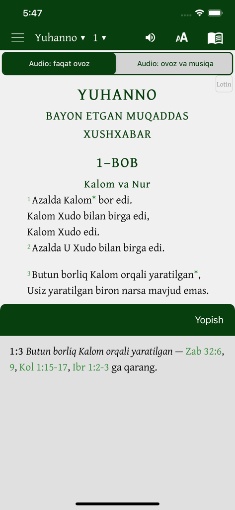 Interface of the Muqaddas Kitob app showing the Gospel of John in Uzbek Latin script with audio playback options and footnotes