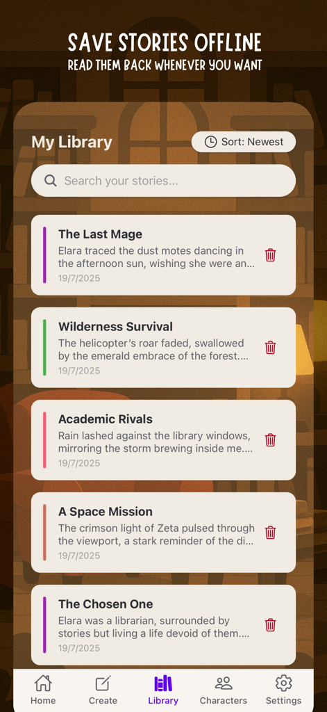 The My Library screen of the Storytize app showing a list of saved stories like The Last Mage and Academic Rivals.