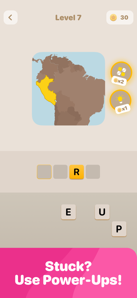 Country Quest: Guess Countries - Juego de Country Quest que muestra un mapa resaltando Perú y fichas de letras para adivinar.