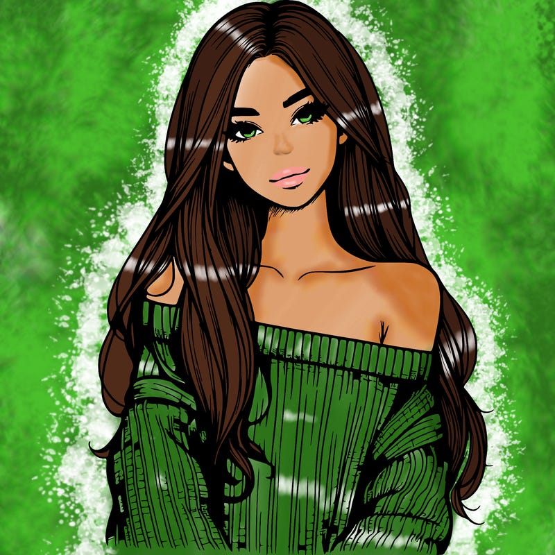 realistic girl with long hair wearing an off the shoulder sweater