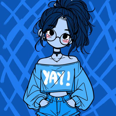 girl with a messy ponytail glasses a baggy crop top and jean shorts