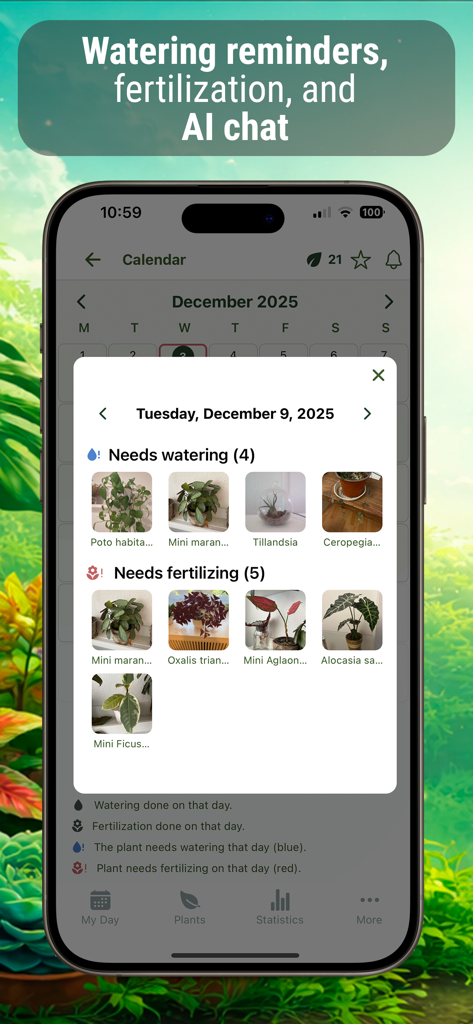 Plant Watering: Smart Reminder - Una pantalla de smartphone que muestra un calendario de cuidado de plantas con recordatorios diarios de riego y fertilización para plantas de interior