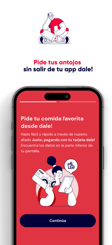 dale! Colombia - Interfaz de la app Dale Colombia mostrando una pantalla para pedir comida usando una tarjeta de débito digital.