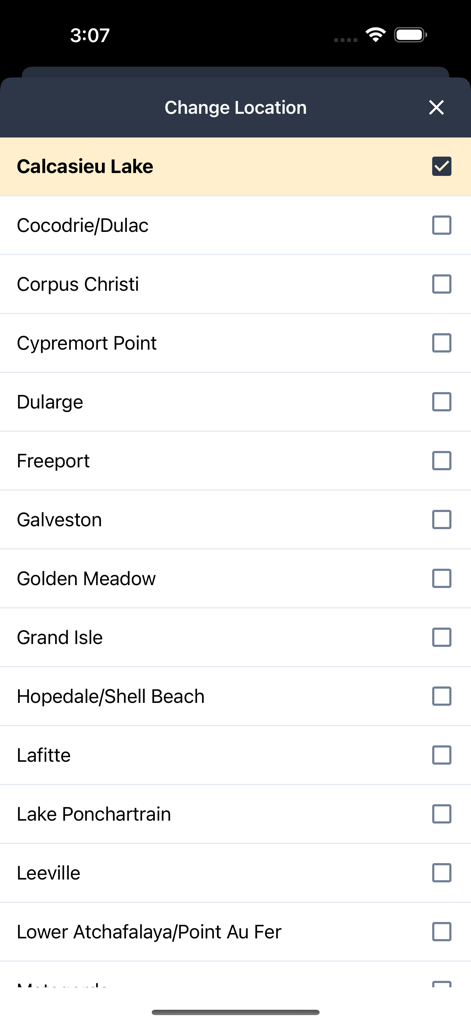 Salty Solutions - Salty Solutions app screen showing a list of coastal fishing locations for weather and tide data selection