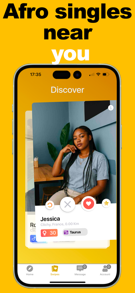 Afrosmeet – Black Dating App - Pantalla de descubrimiento de la aplicación móvil Afrosmeet para citas de negros, mostrando una tarjeta de perfil de una mujer negra llamada Jessica