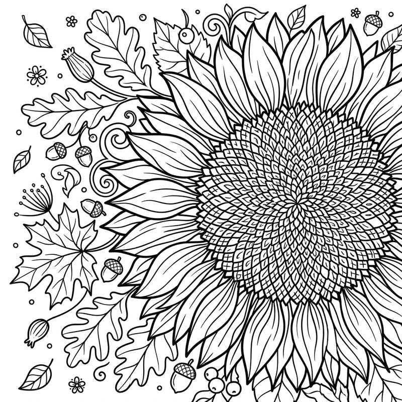 Discover the exquisite detail of a sunflower captured in a macro perspective, beautifully intertwined with classic autumn foliage. This engaging coloring page is perfect for unwinding and celebrating the rich textures of the fall season.