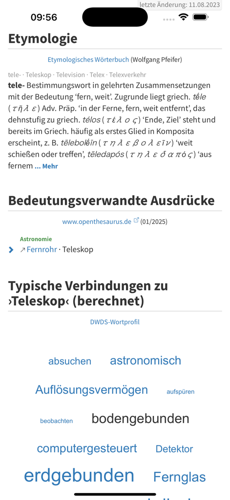 DWDS - Screenshot of the DWDS German dictionary app showing etymological information and typical word combinations for the term Teleskop.