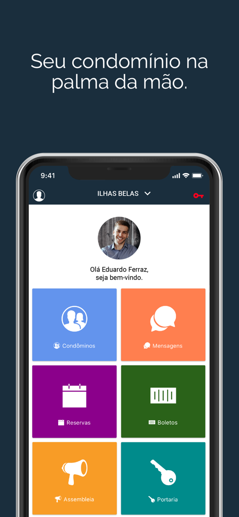 Panel de la aplicación Efetiva Administradora con iconos para mensajes de residentes, reservas y facturas