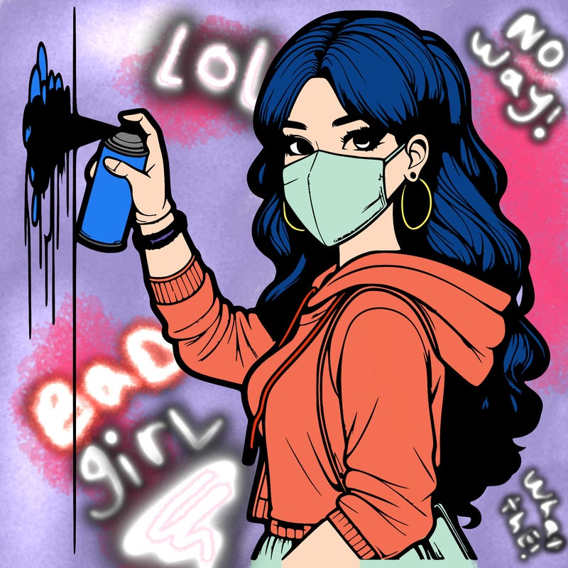 realistic girl with mask spray painting a wall