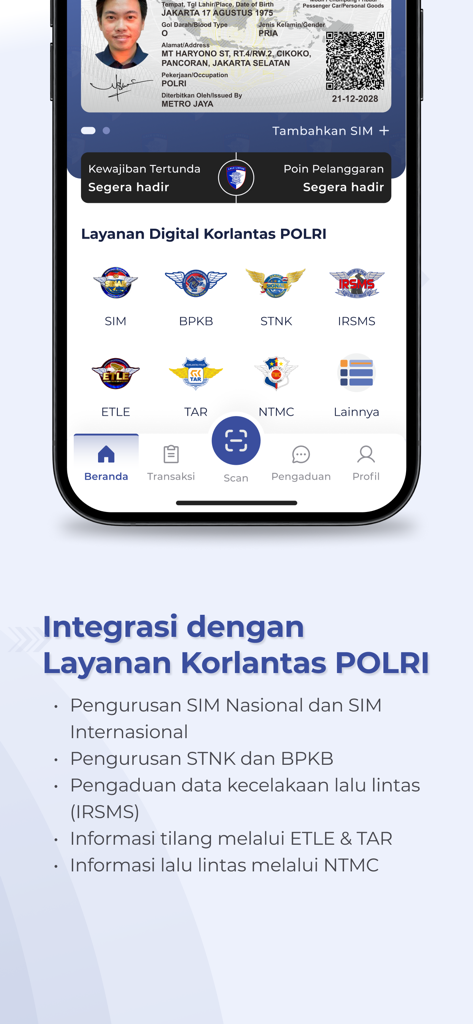 Captura de pantalla de la interfaz de la aplicación Digital Korlantas POLRI mostrando servicios de licencia de conducir y registro de vehículos