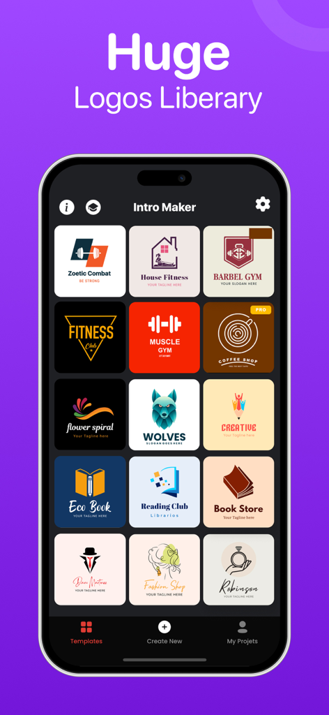 Intro Maker: Create Logo Video - A mobile app interface displaying a grid of diverse logo templates for business and social media branding