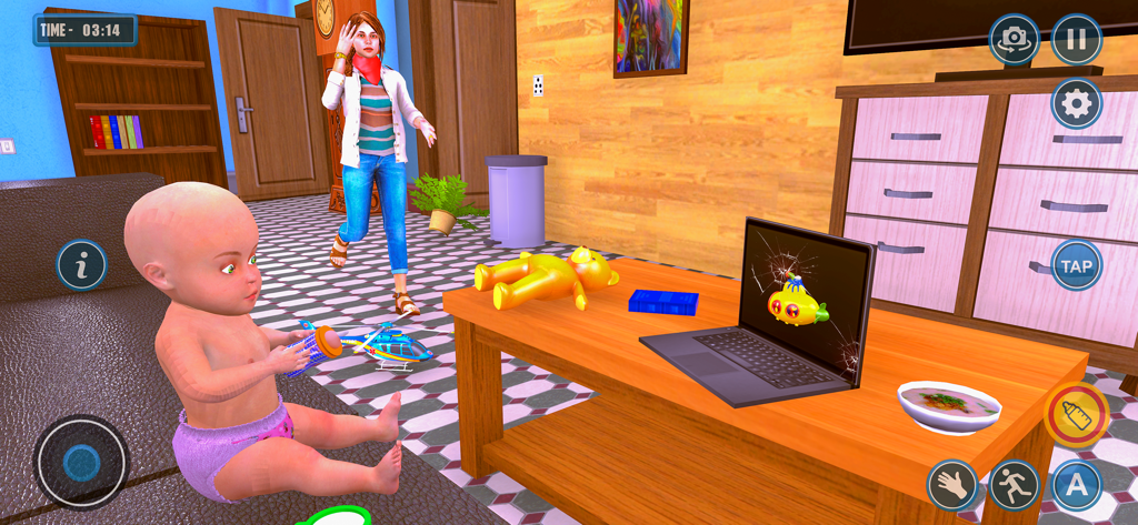 Virtual Baby and Mom Simulator - Una escena de juego de simulación en 3D que muestra a un bebé jugando en el suelo mientras un personaje madre está de pie en el fondo de la sala de estar.
