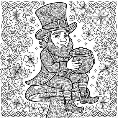 Unearth a treasure of creativity with this delightful Zentangle leprechaun. This intricate design features a smiling leprechaun holding his pot of gold, surrounded by lucky shamrocks and Celtic patterns, perfect for a relaxing and engaging coloring session.