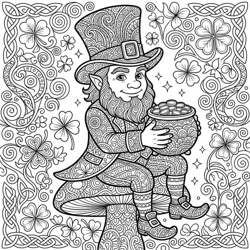 Unearth a treasure of creativity with this delightful Zentangle leprechaun. This intricate design features a smiling leprechaun holding his pot of gold, surrounded by lucky shamrocks and Celtic patterns, perfect for a relaxing and engaging coloring session.