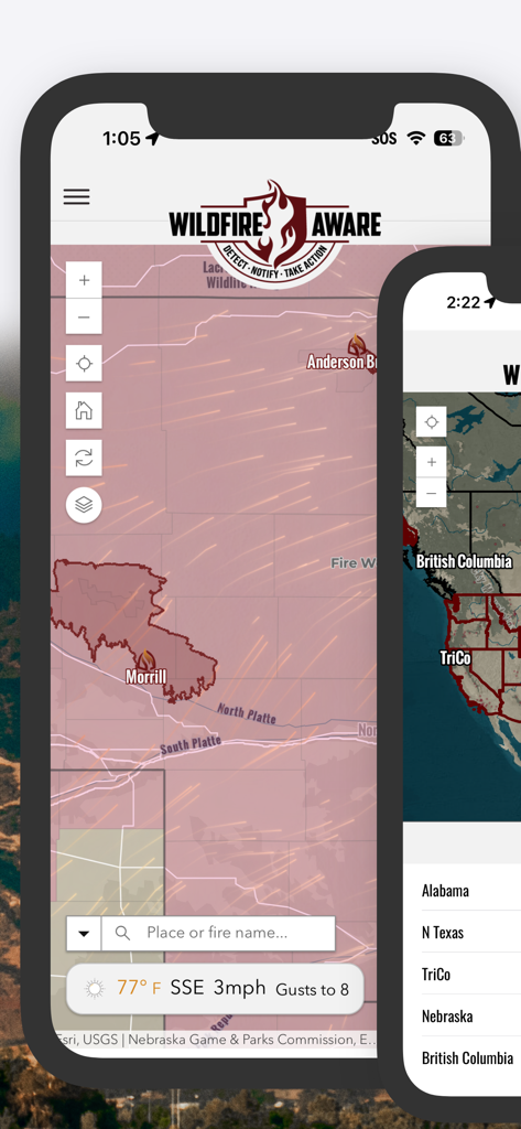 Wildfire Aware® | Fire Alerts - Wildfire Aware app interactive map tracking wildfires and weather conditions across North America