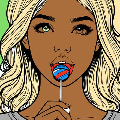 a realistic girl with a lollipop in her mouth