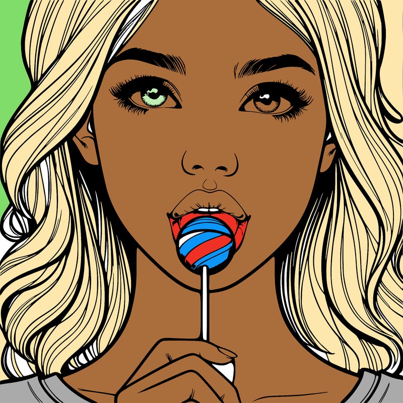 a realistic girl with a lollipop in her mouth