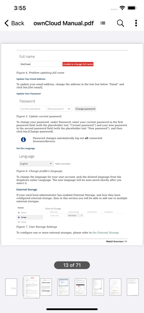 La aplicación móvil ownCloud Online muestra un documento PDF del manual del usuario.