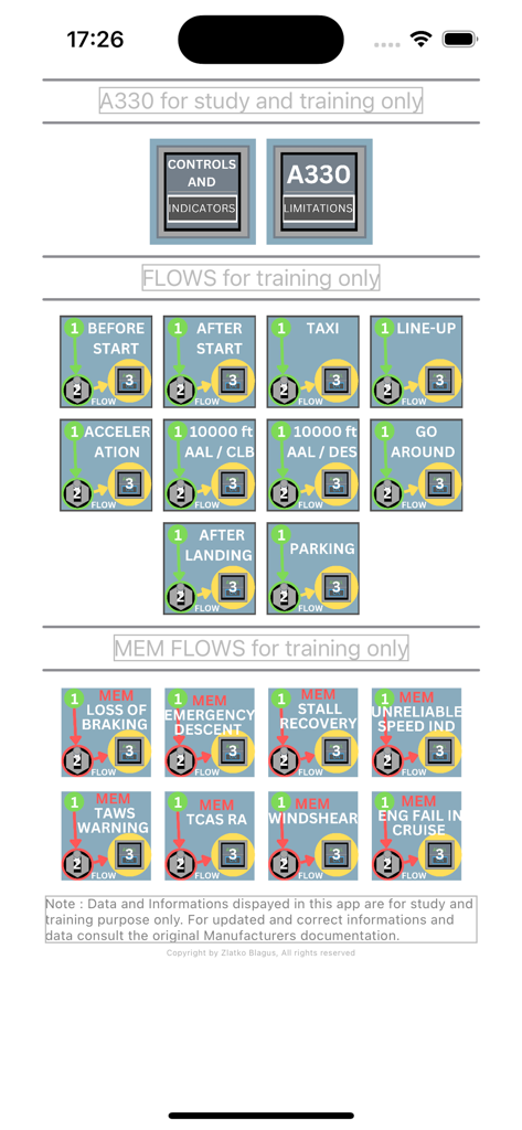 A330Cockpit - A330Cockpit app menu screen showing study flows and aircraft limitations