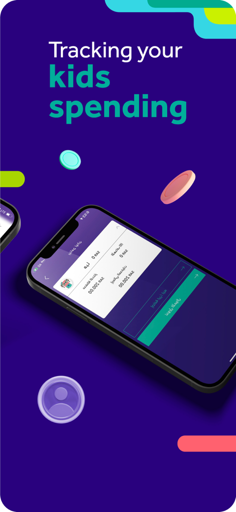Token Program - Telefone móvel exibindo a tela do aplicativo Token Program para rastreamento de despesas infantis