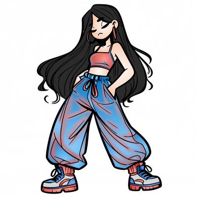 girl in baggy pants crop top and long hair