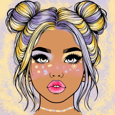 realistic girl with two buns on her hair and lips