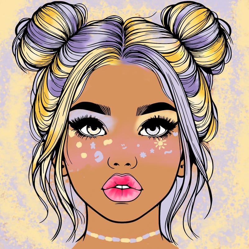 realistic girl with two buns on her hair and lips