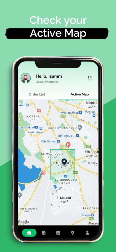 Smartphone screen showing the Sparow Couriers app active map for delivery tracking and route optimization