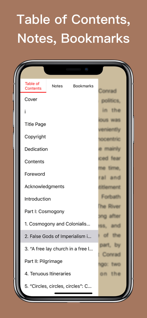 Epub Reader app interface showing the table of contents notes and bookmarks tabs on a mobile screen