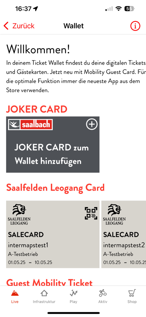 Saalbach Hinterglemm - Digital wallet screen in the Saalbach Hinterglemm app showing guest cards and mobility tickets
