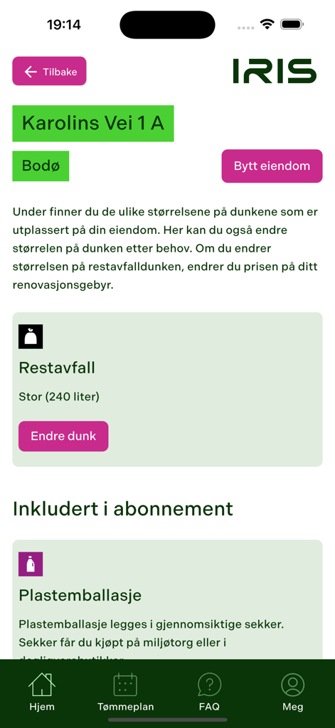 IRIS - IRIS app screen showing residual waste bin size and recycling subscription details for a property in Bodo