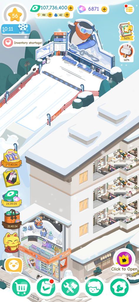 Una escena invernal nevada en Rent Please Landlord Sim que muestra un resort de esquí con una valla publicitaria de pingüinos y un edificio de apartamentos de varios pisos con inquilinos