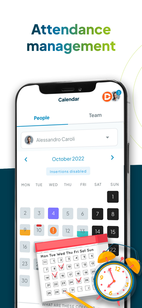 Fluida.io - Smartphone displaying the Fluida app attendance management screen with a monthly worker calendar view.