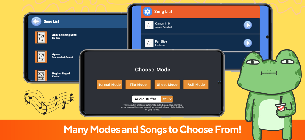 Pianika mobile app interface showing game mode selection and a list of popular songs