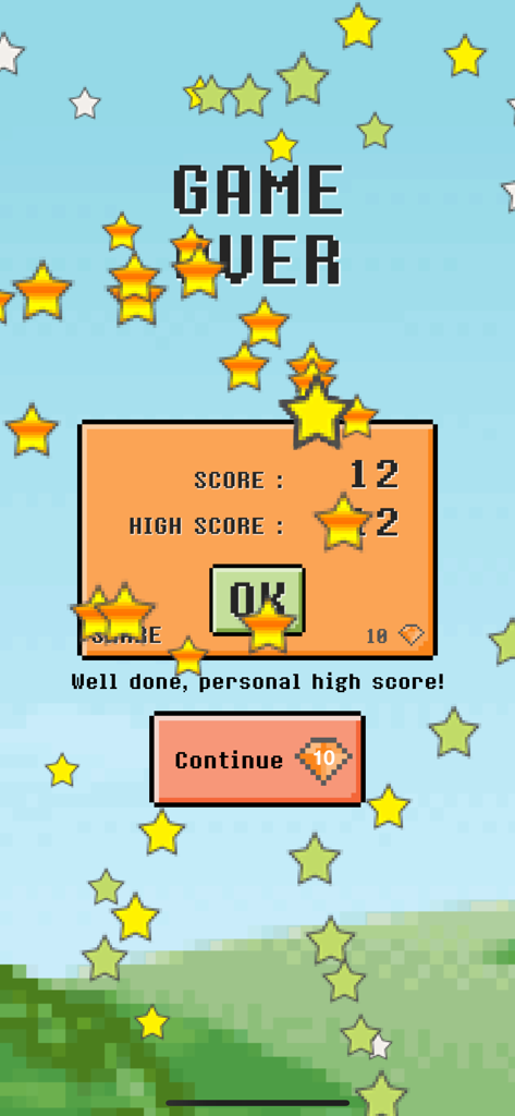 Tap Math - fast challenge - Tap Math game over screen showing a score of 12 and a personal high score achievement with pixel stars