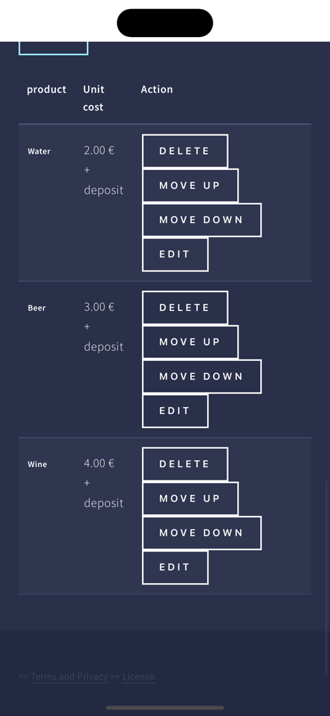 Bar Cash Register PRO - Product list management screen for Bar Cash Register PRO app showing drinks and prices