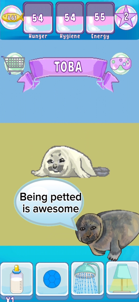 Virtual Seal Pet - The gameplay interface of Virtual Seal Pet showing a seal named Toba with its hunger hygiene and energy levels