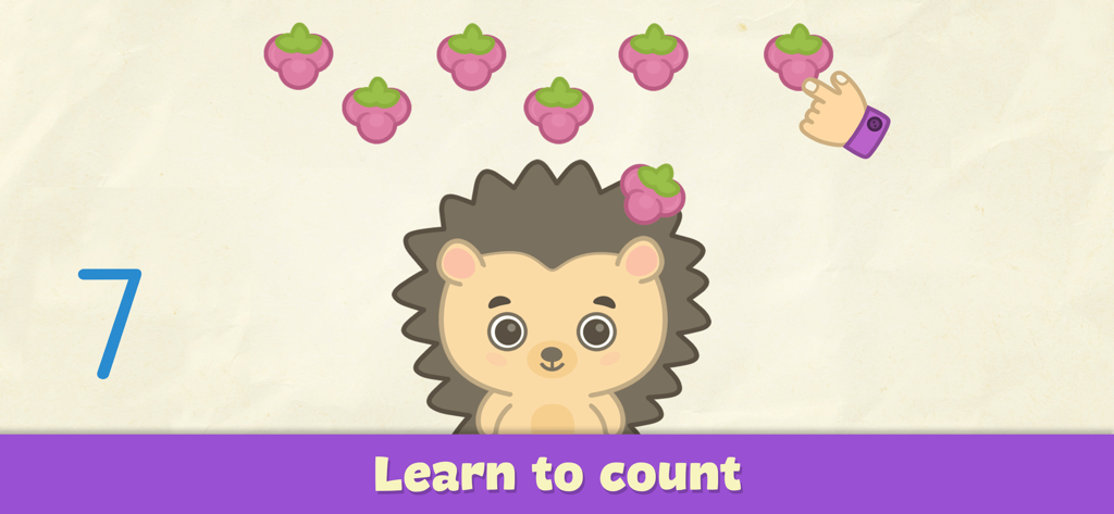 Jeu d'apprentissage pour la maternelle montrant un hérisson mignon et une activité de comptage avec le chiffre sept et des baies