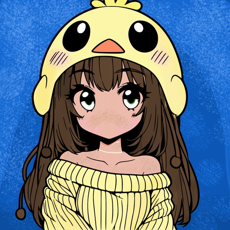 anime girl with chick shaped hat with sweater with bare shoulders with bangs covering them one eye with low tail
