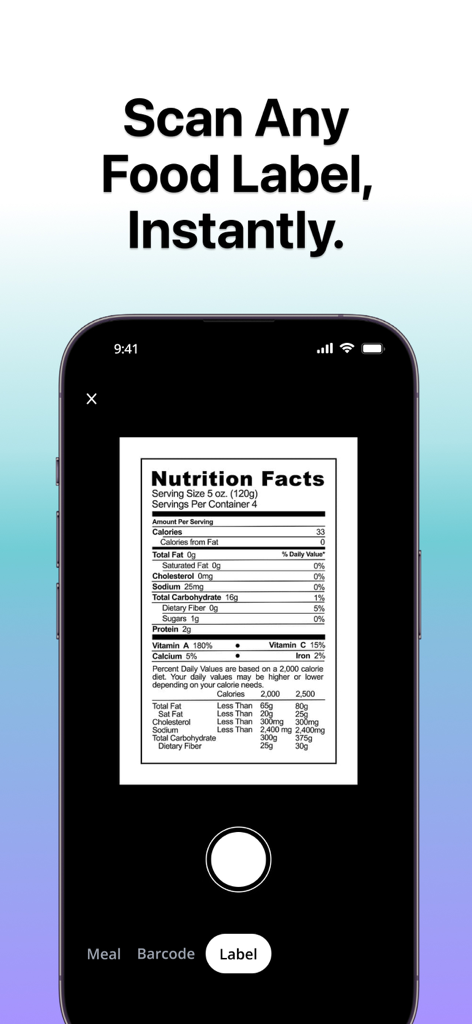 SNAQ - Diabetes Food Tracker - SNAQ app interface scanning a nutrition facts label on a smartphone