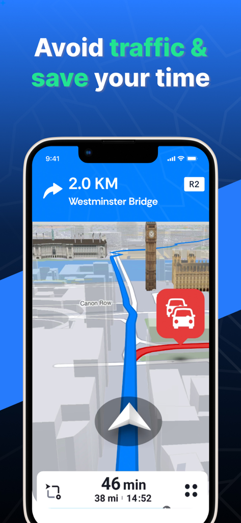 GPS Navigation & Offline Maps - A mobile interface showing a 3D navigation map with a live traffic alert icon and estimated travel time