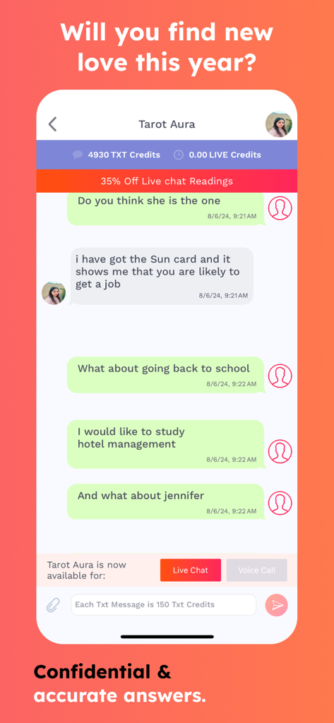 Captura de pantalla de una aplicación móvil que muestra una conversación de mensajes de texto entre un usuario y un asesor psíquico sobre consejos de amor y carrera.