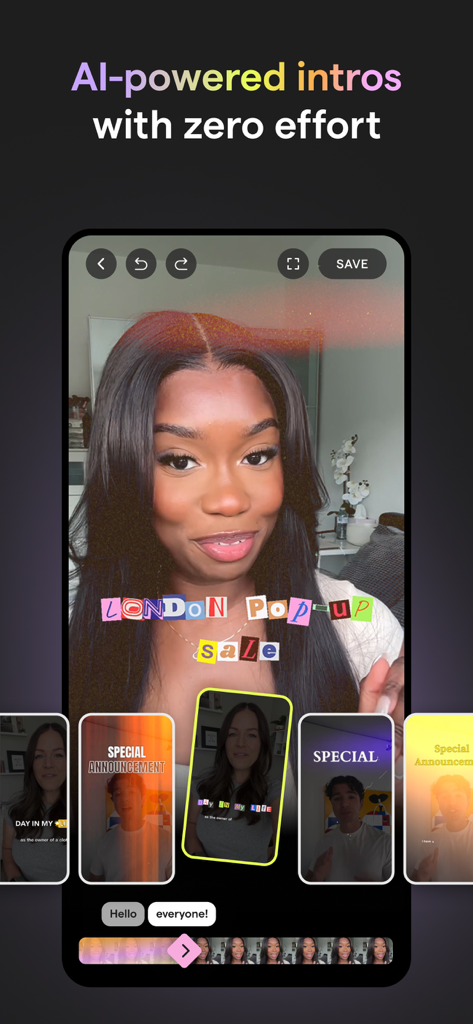 Mojo App-Oberfläche, die KI-gestützte Video-Intros und Vorlagen für die Erstellung von Social-Media-Inhalten zeigt.